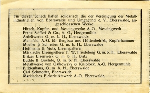 Vereinigung der Metallindustriellen von Eberswalde und Umgebung e.V.: 500.000 Mark 1923