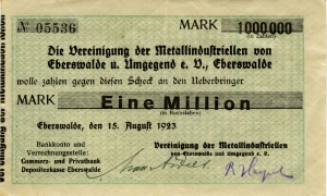 Vereinigung der Metallindustriellen von Eberswalde und Umgebung e.V.: 1 Million Mark 1923
