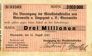 Vereinigung der Metallindustriellen von Eberswalde und Umgebung e.V.: 3 Millionen Mark 1923