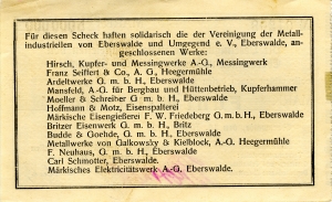 Vereinigung der Metallindustriellen von Eberswalde und Umgebung e.V.: 5 Millionen Mark 1923