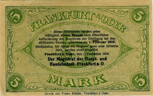 Frankfurt an der Oder, Stadt: 5 Mark 1918