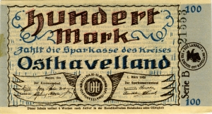 Kreisausschuß und Kreissparkasse des Kreises Osthavelland in Nauen: 100 Mark 1923