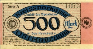 Kreisausschuß und Kreissparkasse des Kreises Osthavelland in Nauen: 500 Mark 1923