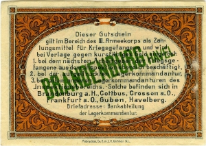 Inspektion der Kriegsgefangenenlager III. Armeekorps, Brandenburg: 10 Mark 1917