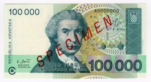 Kroatische Nationalbank: 100.000 Dinar 1993 Probe